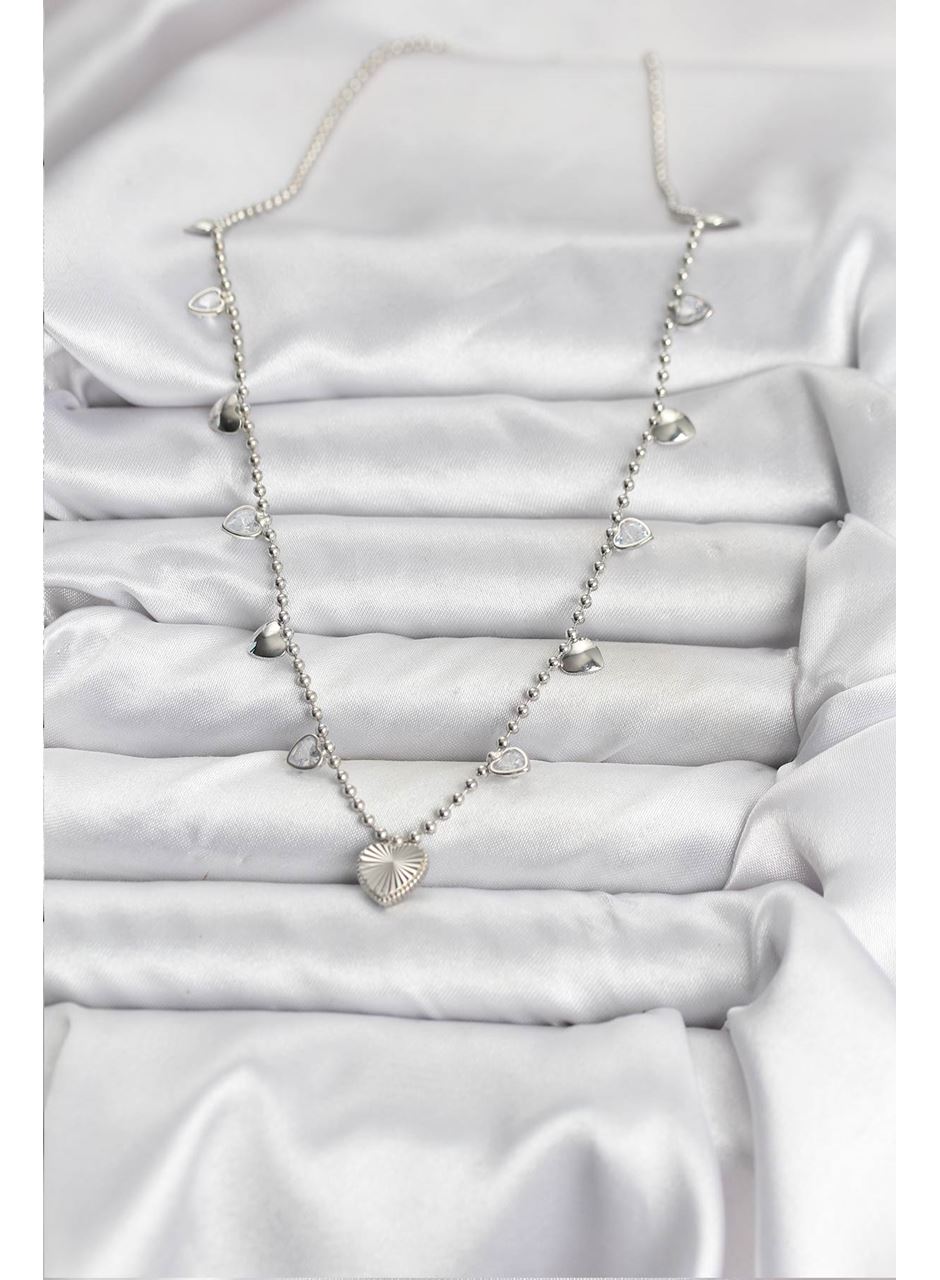 Pirinç Gümüş Renk Kalp Model Kadın Kolye