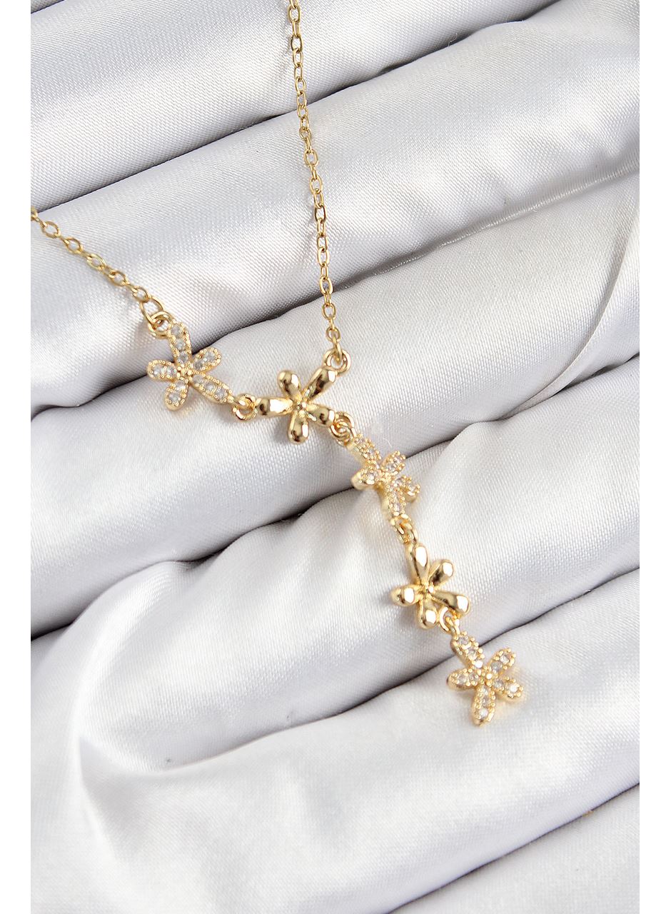 316L Çelik Zirkon Taşlı Çiçek Model Gold Renk Kadın Kolye