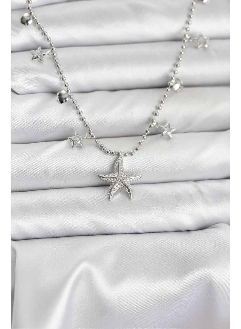 Pirinç Gümüş Renk Zirkon Taşlı Deniz Yıldızı Model Kadın Kolye