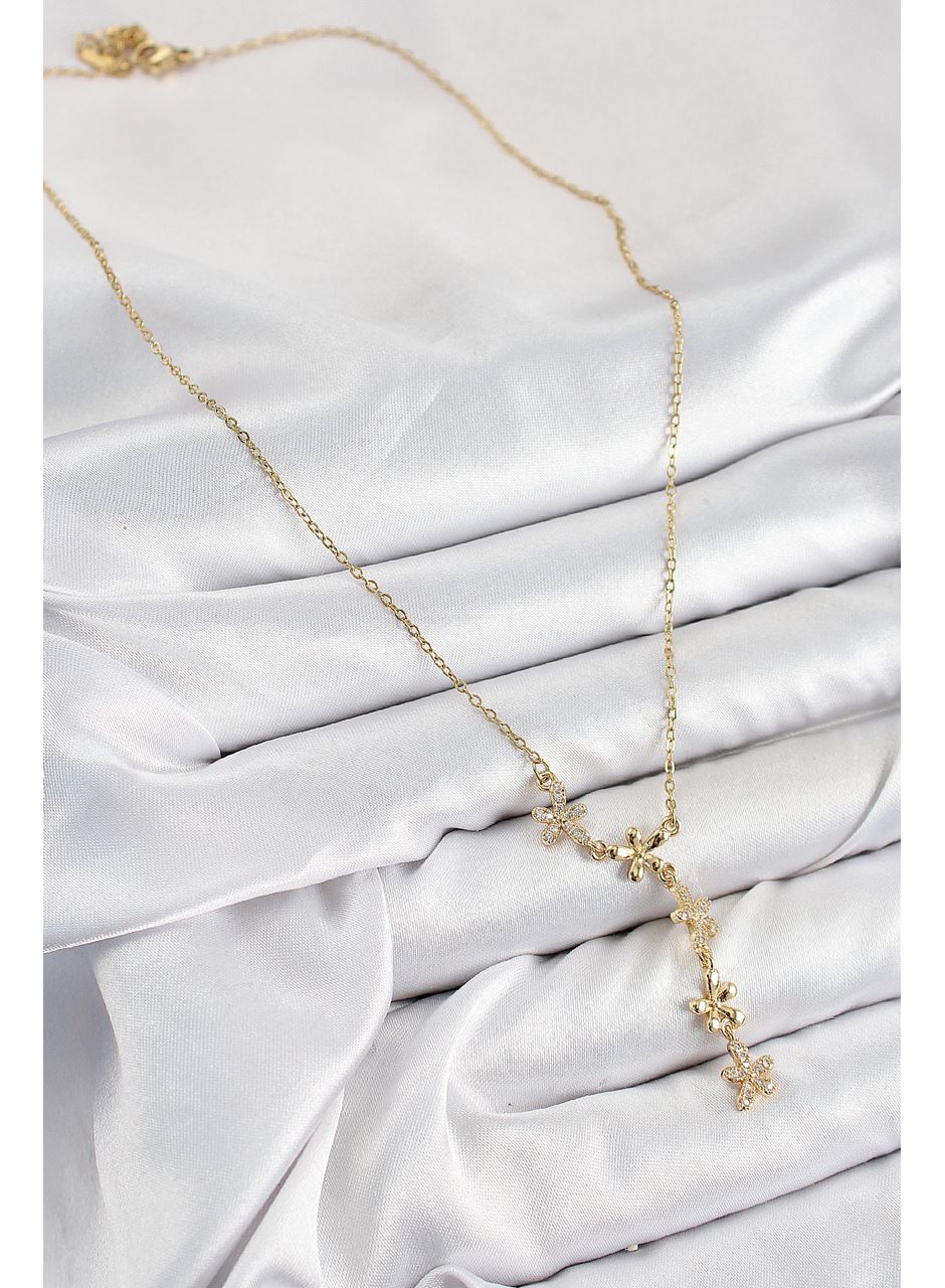 316L Çelik Zirkon Taşlı Çiçek Model Gold Renk Kadın Kolye