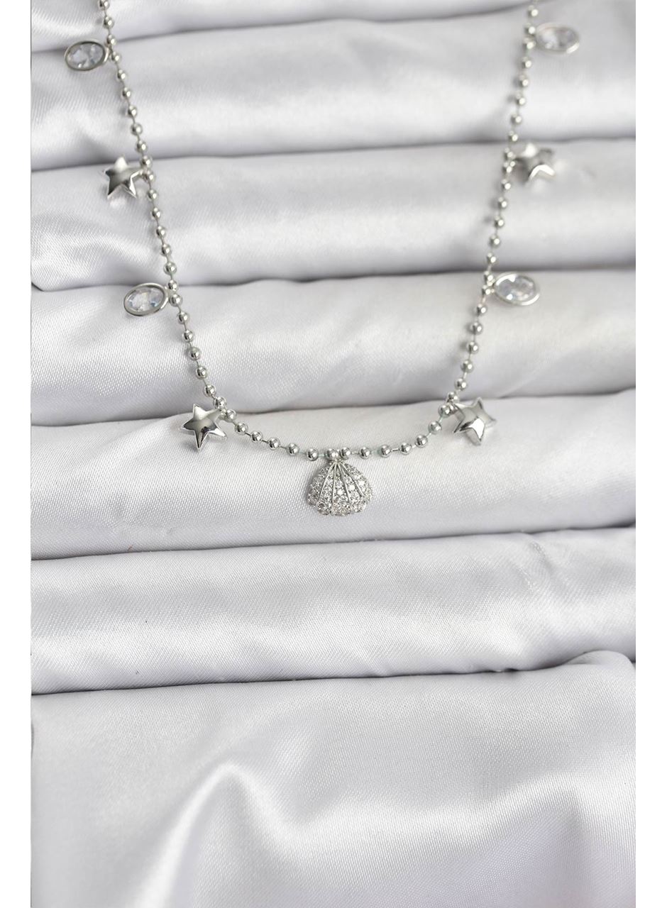 Pirinç Gümüş Renk Zirkon Taşlı Deniz Kabuğu Model Kadın Kolye