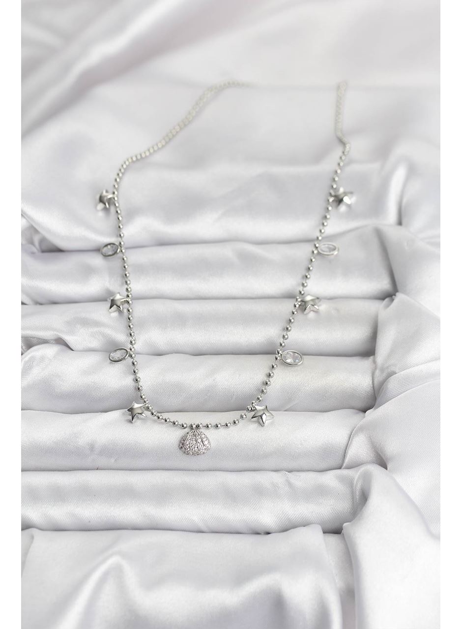 Pirinç Gümüş Renk Zirkon Taşlı Deniz Kabuğu Model Kadın Kolye