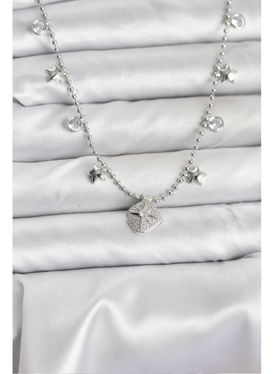 Pirinç Gümüş Renk Zirkon Taşlı Kutup Yıldızı Model Kadın Kolye