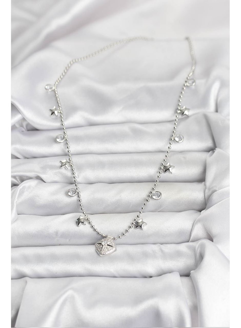 Pirinç Gümüş Renk Zirkon Taşlı Kutup Yıldızı Model Kadın Kolye