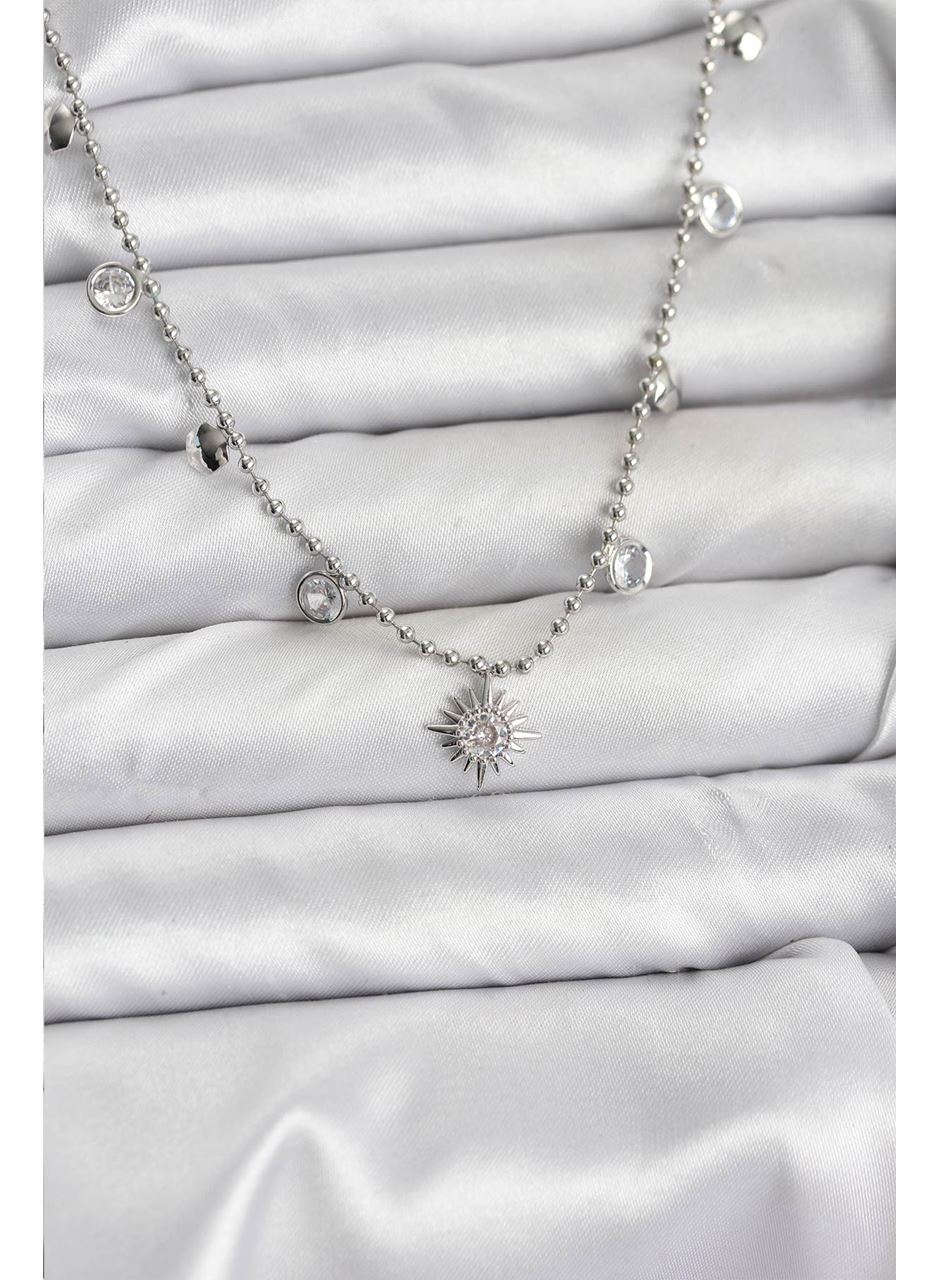 Zirkon Taşlı Kutup Yıldızı Model Pirinç Gümüş Renk Kadın Kolye