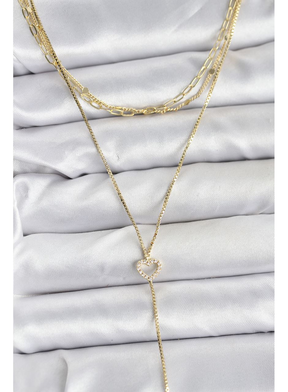 Pirinç Gold Renk Kalp Detaylı 3'lü Kombin Y Kadın Kolye