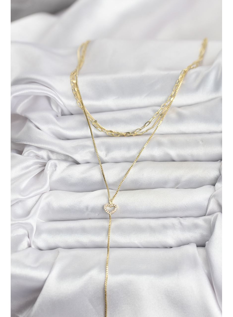 Pirinç Gold Renk Kalp Detaylı 3'lü Kombin Y Kadın Kolye