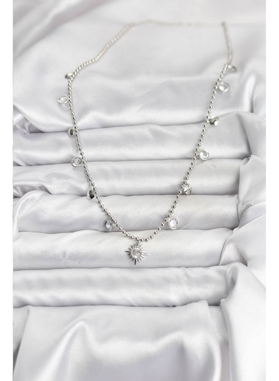 Zirkon Taşlı Kutup Yıldızı Model Pirinç Gümüş Renk Kadın Kolye