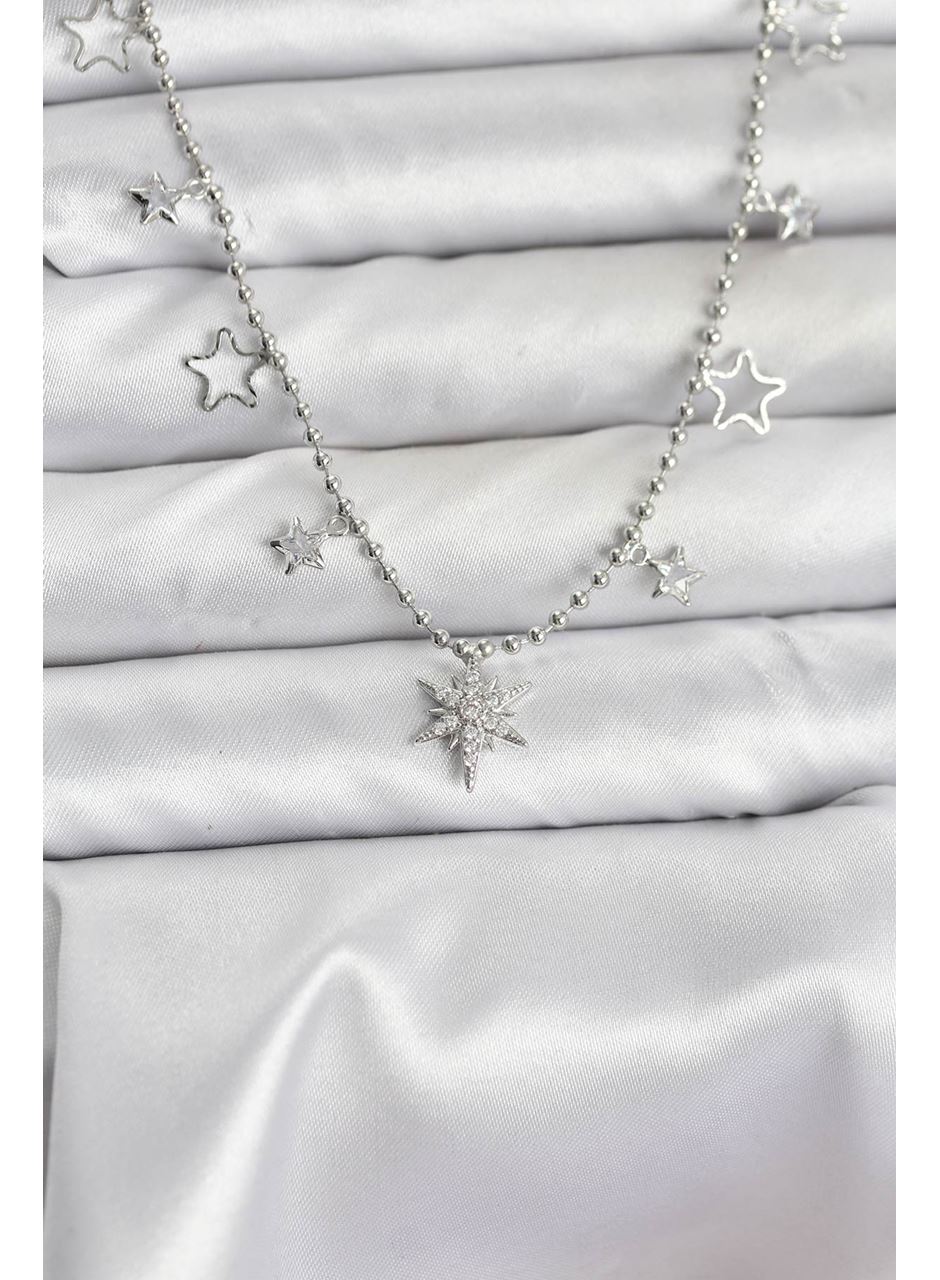 Pirinç Gümüş Renk Zirkon Taşlı Kutup Yıldızı Model Kadın Kolye