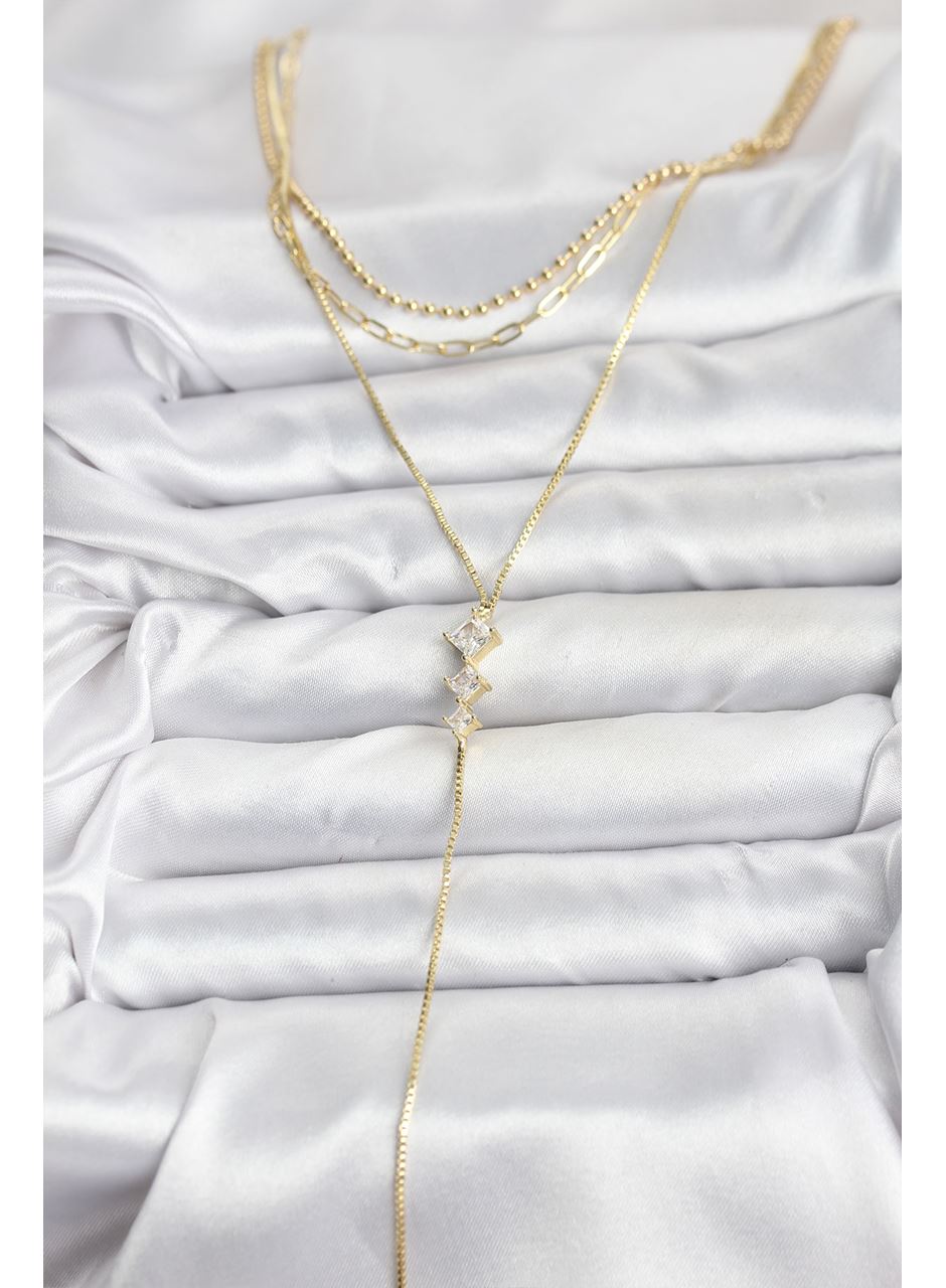 Pirinç Gold Renk Zirkon Taş Detaylı 3'lü Kombin Y Kadın Kolye