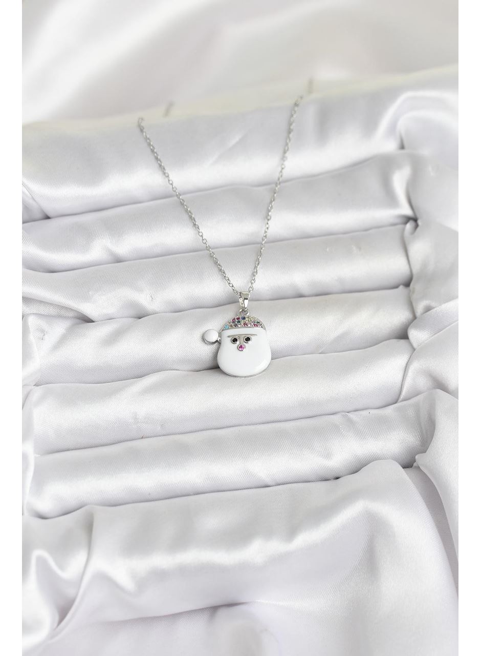 316L Çelik Zincir Gümüş Renk Şapkalı Kardan Adam Kafası Model Yılbaşı Temalı Kadın Kolye