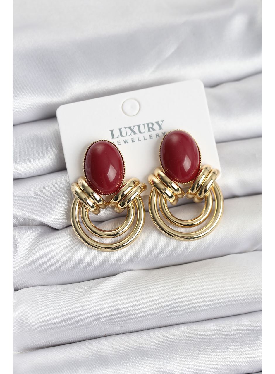 Pirinç Gold Renk Bordo Taşlı Vintage Kadın Küpe