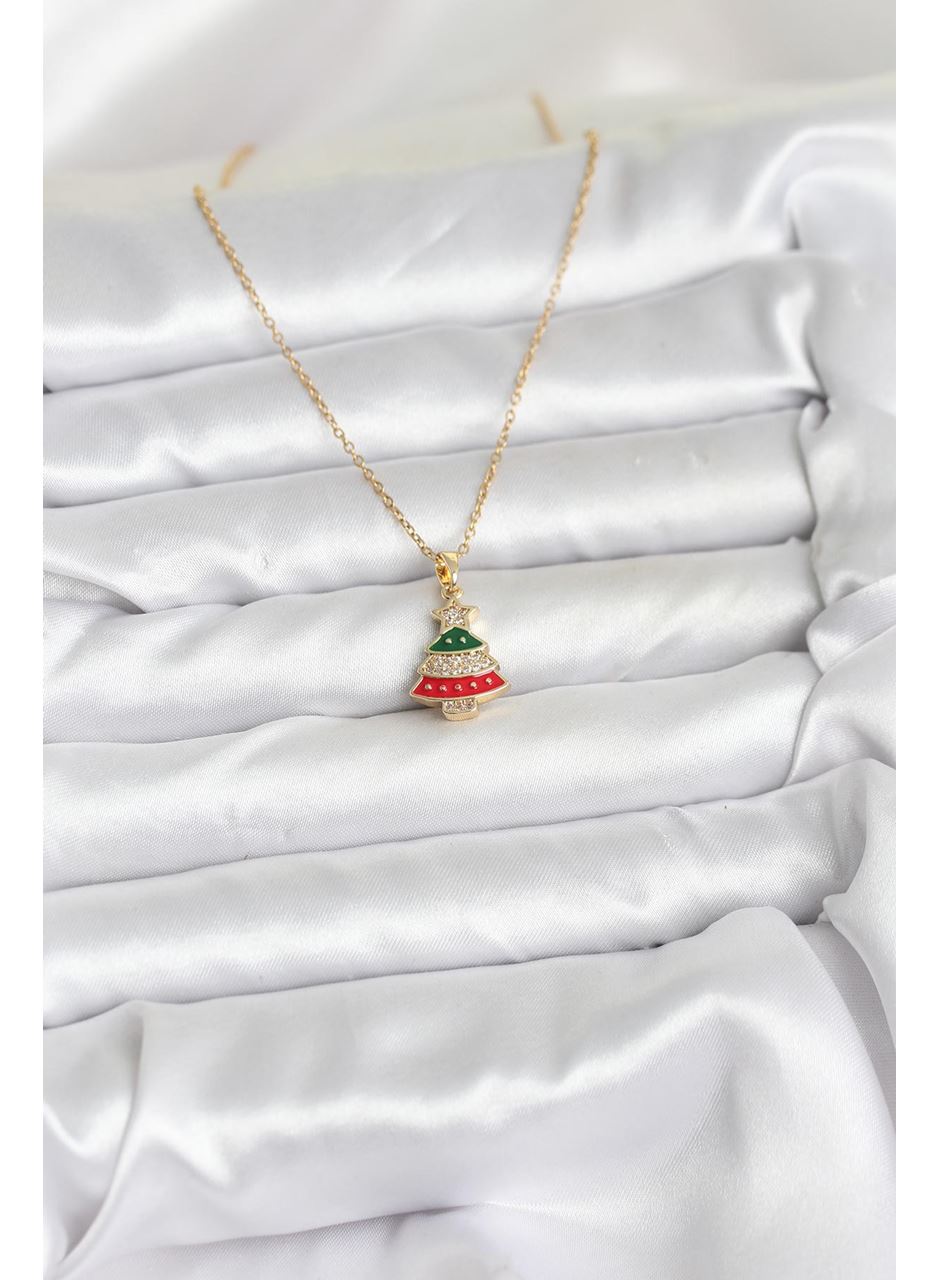 316L Çelik Zincir Gold Ren Çam Ağacı Model Zirkon Taşlı Yılbaşı Temalı Kadın Kolye