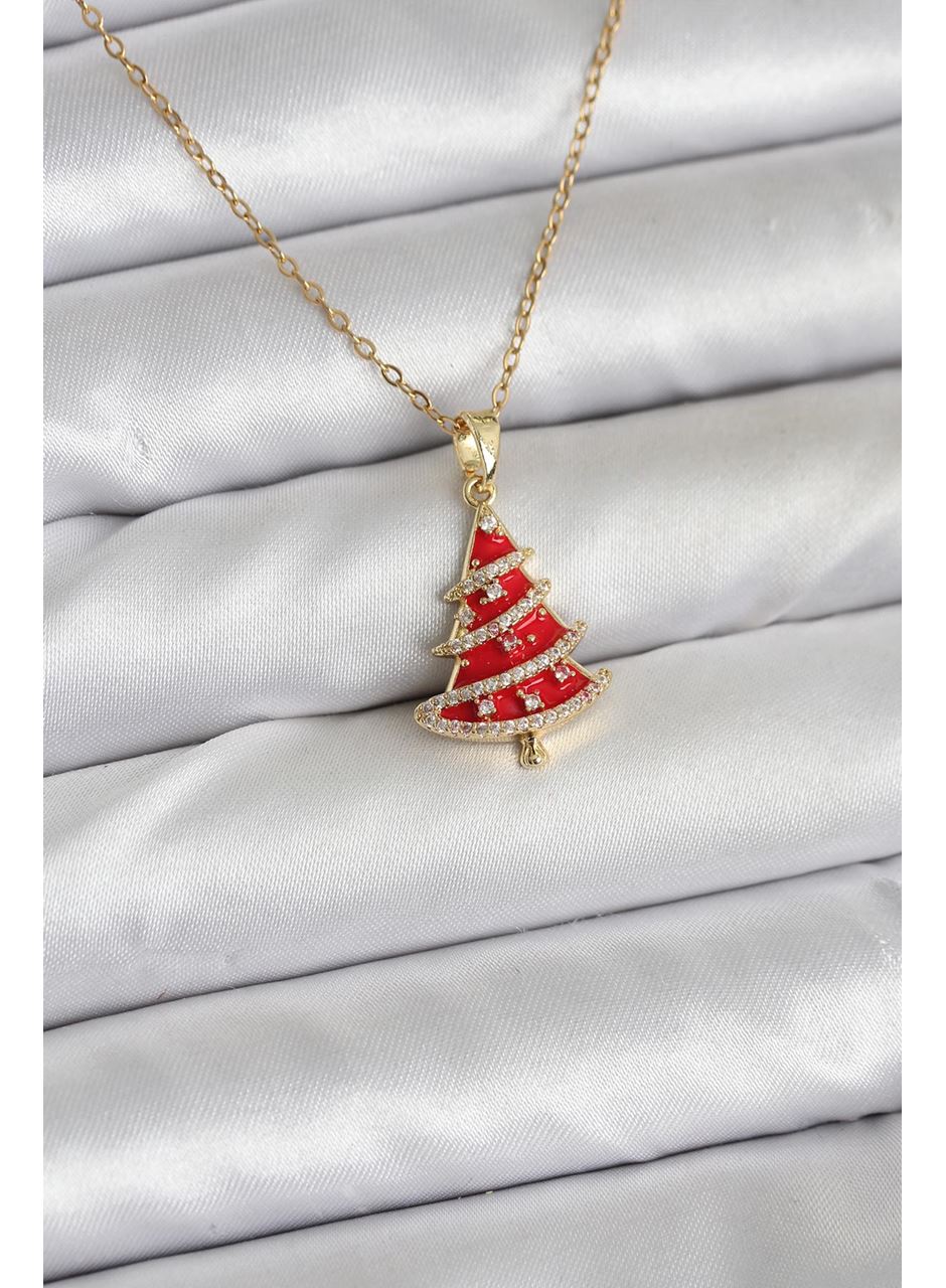 316L Çelik Zincir Gold Renk Kırmızı Çam Ağacı Model Yılbaşı Temalı Kadın Kolye