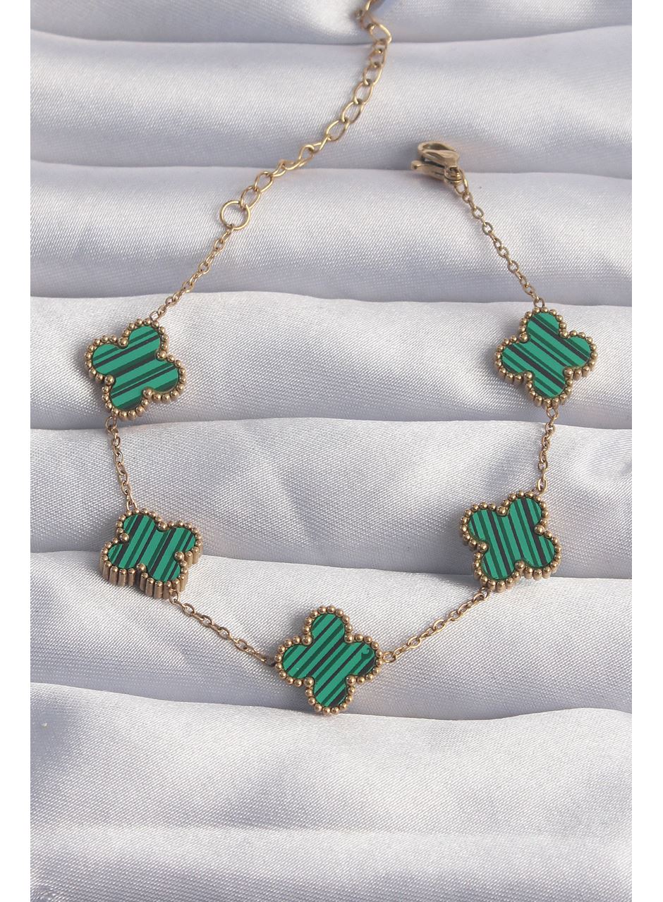 316L Çelik Gold Renk Çizgili Yeşil Mineli Yonca Bileklik