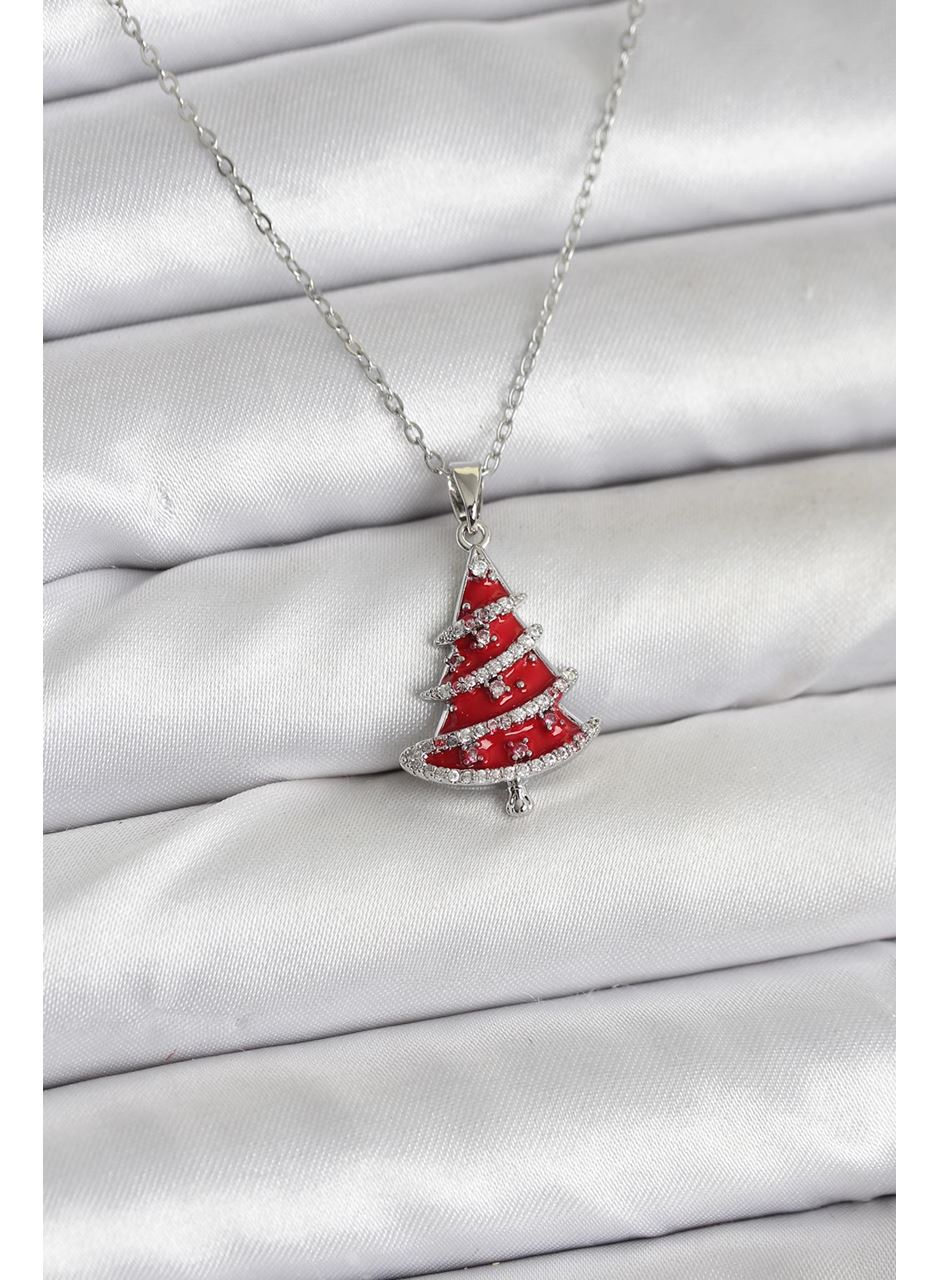 316L Çelik Zincir Gümüş Renk Kırmızı Çam Ağacı Model Yılbaşı Temalı Kadın Kolye