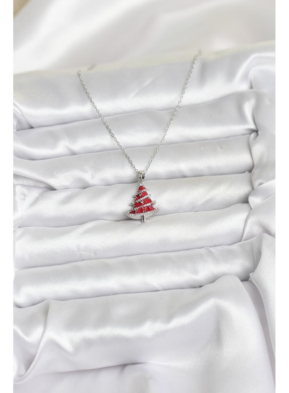 316L Çelik Zincir Gümüş Renk Kırmızı Çam Ağacı Model Yılbaşı Temalı Kadın Kolye