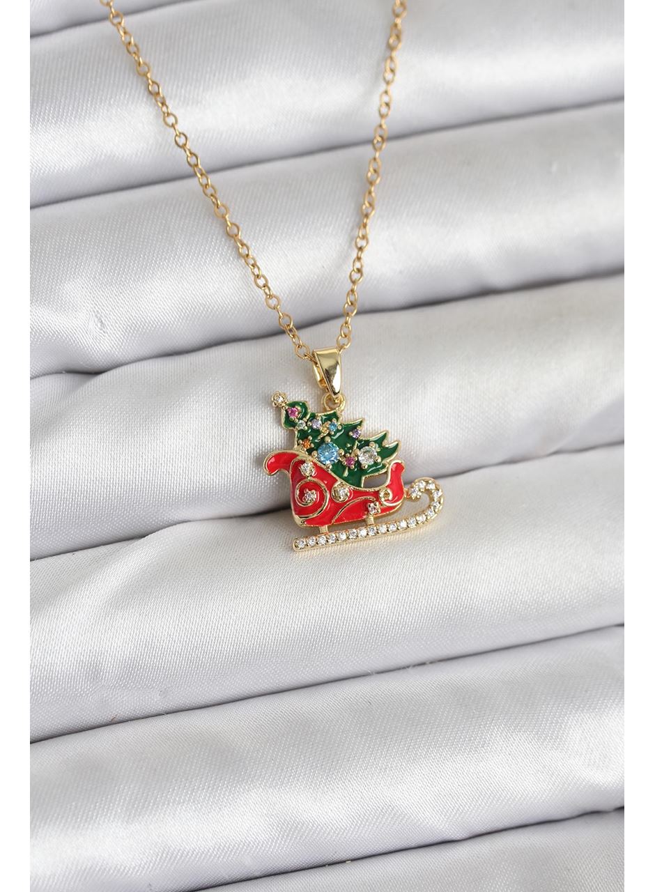 316L Çelik Zincir Gold Renk Kızak ve Çam Ağacı Figürlü Yılbaşı Temalı Kadın Kolye