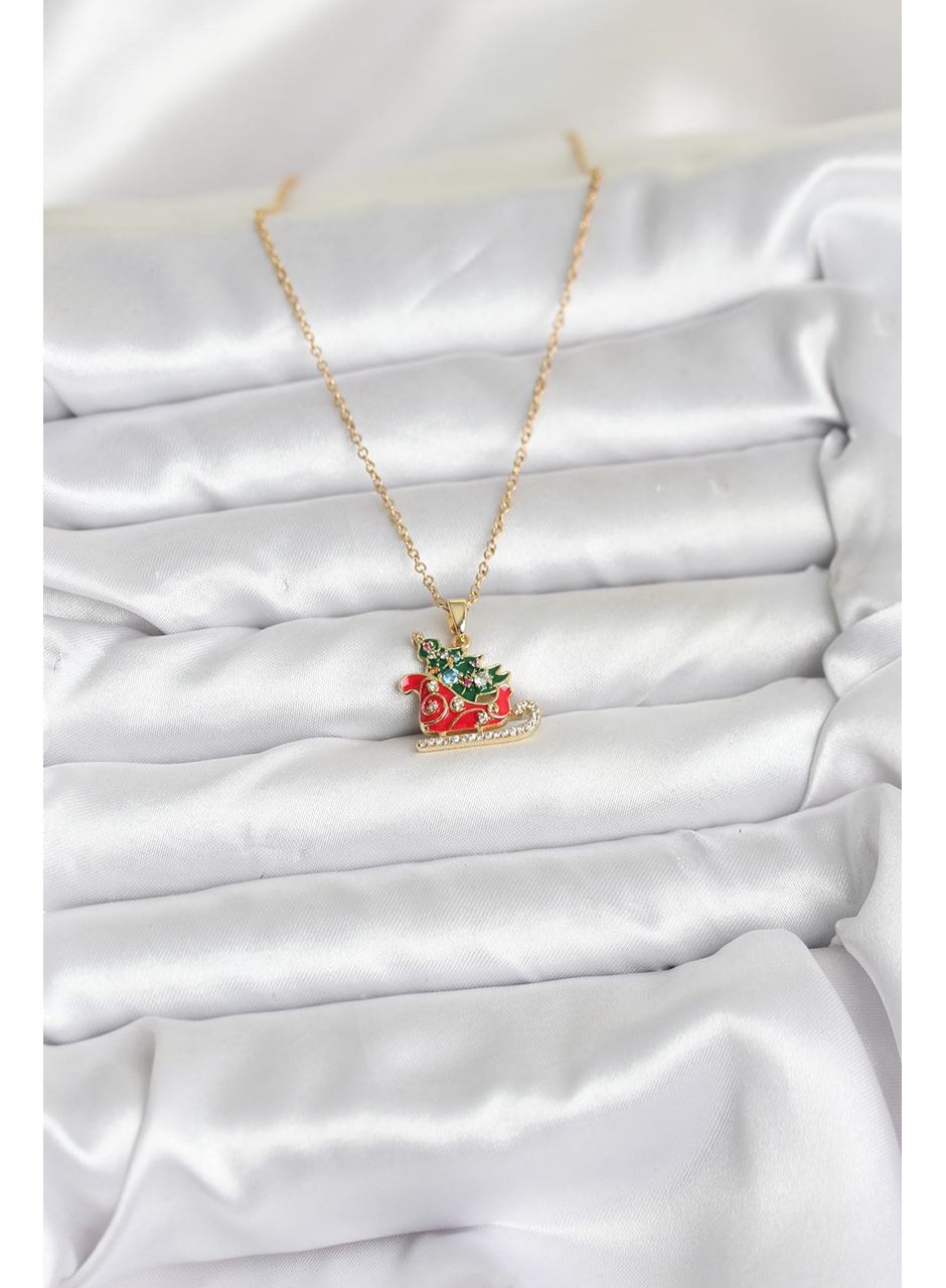 316L Çelik Zincir Gold Renk Kızak ve Çam Ağacı Figürlü Yılbaşı Temalı Kadın Kolye