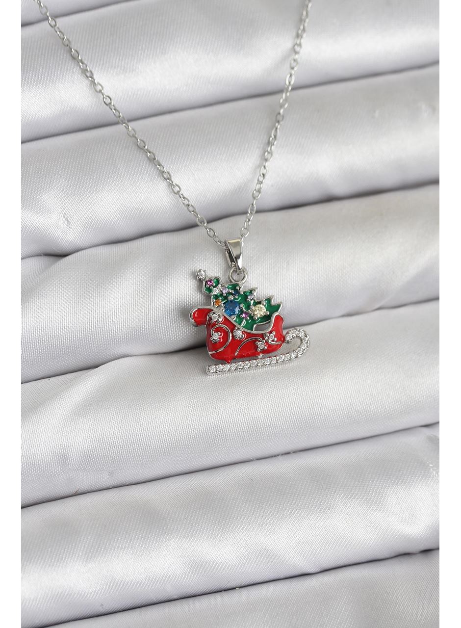 316L Çelik Zincir Gümüş Renk Kızak ve Çam Ağacı Figürlü Yılbaşı Temalı Kadın Kolye