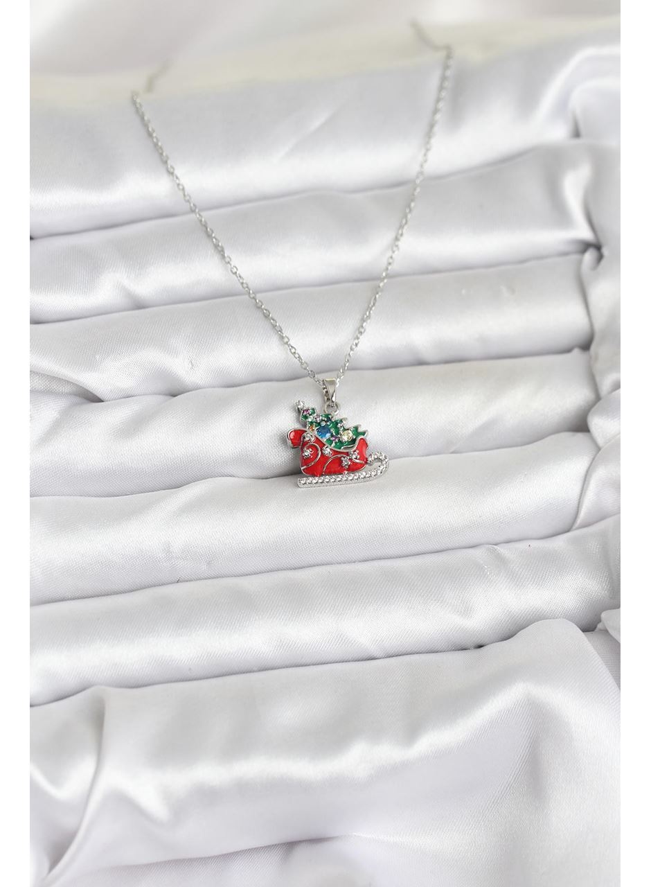 316L Çelik Zincir Gümüş Renk Kızak ve Çam Ağacı Figürlü Yılbaşı Temalı Kadın Kolye