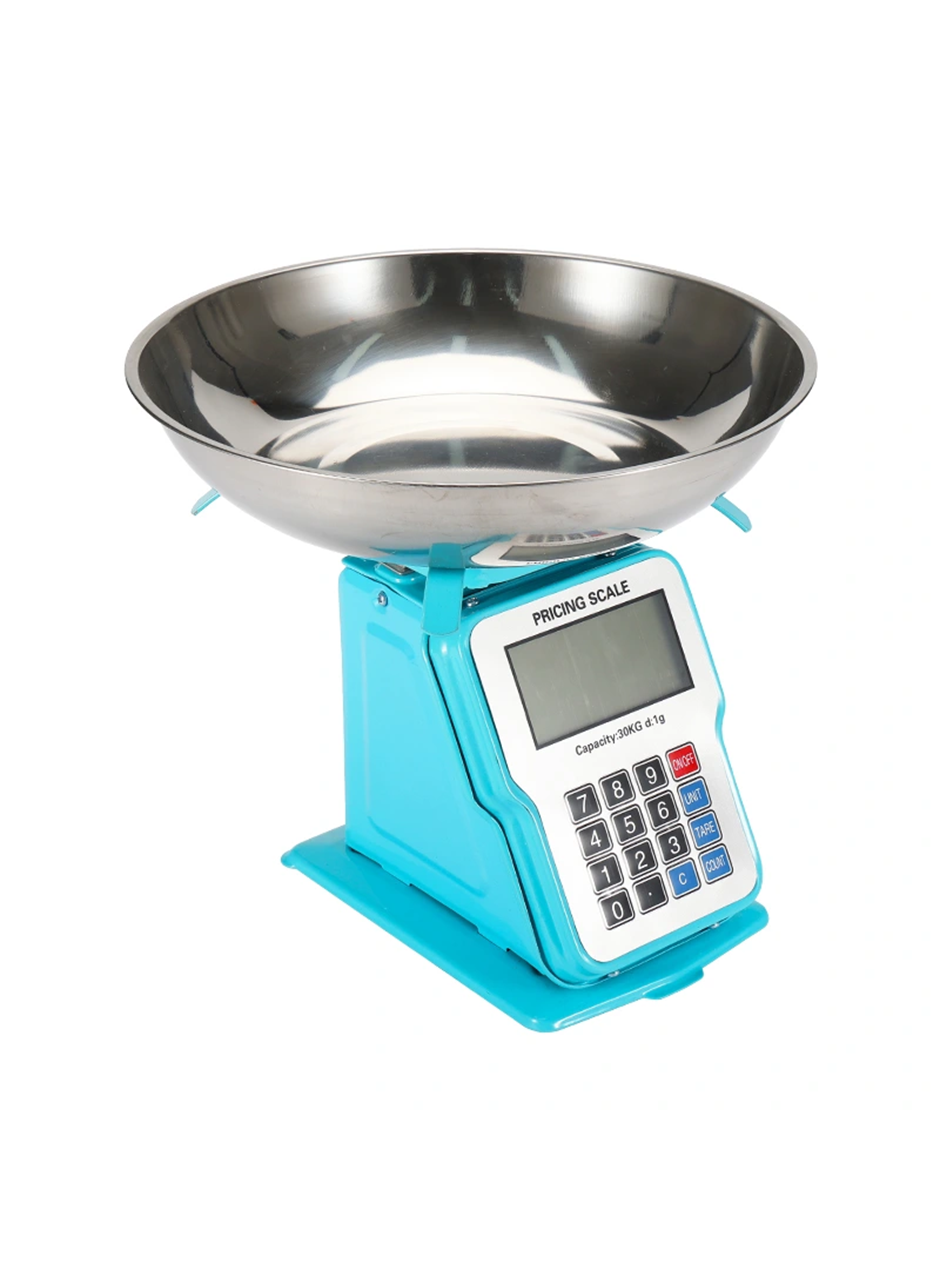 30kg 1g Dijital Kefeli Terazi Pilli ve Adaptörlü Elektronik Tartı, Paslanmaz Çelik Tepsili Tutar Hesaplama Mavi (