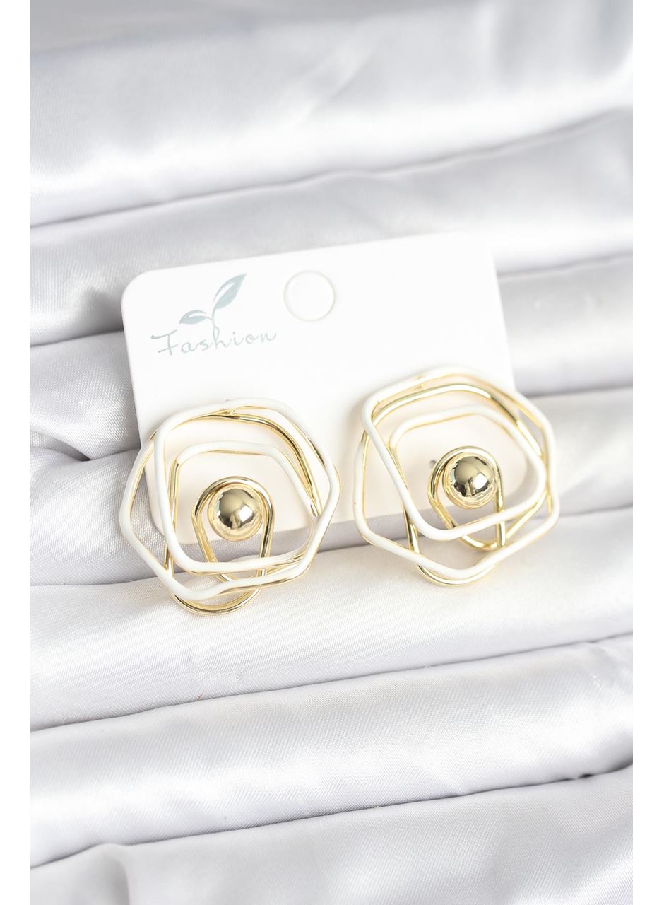 Pirinç Gold Renk Beyaz Mineli Geometrik Gül Model Kadın Küpe