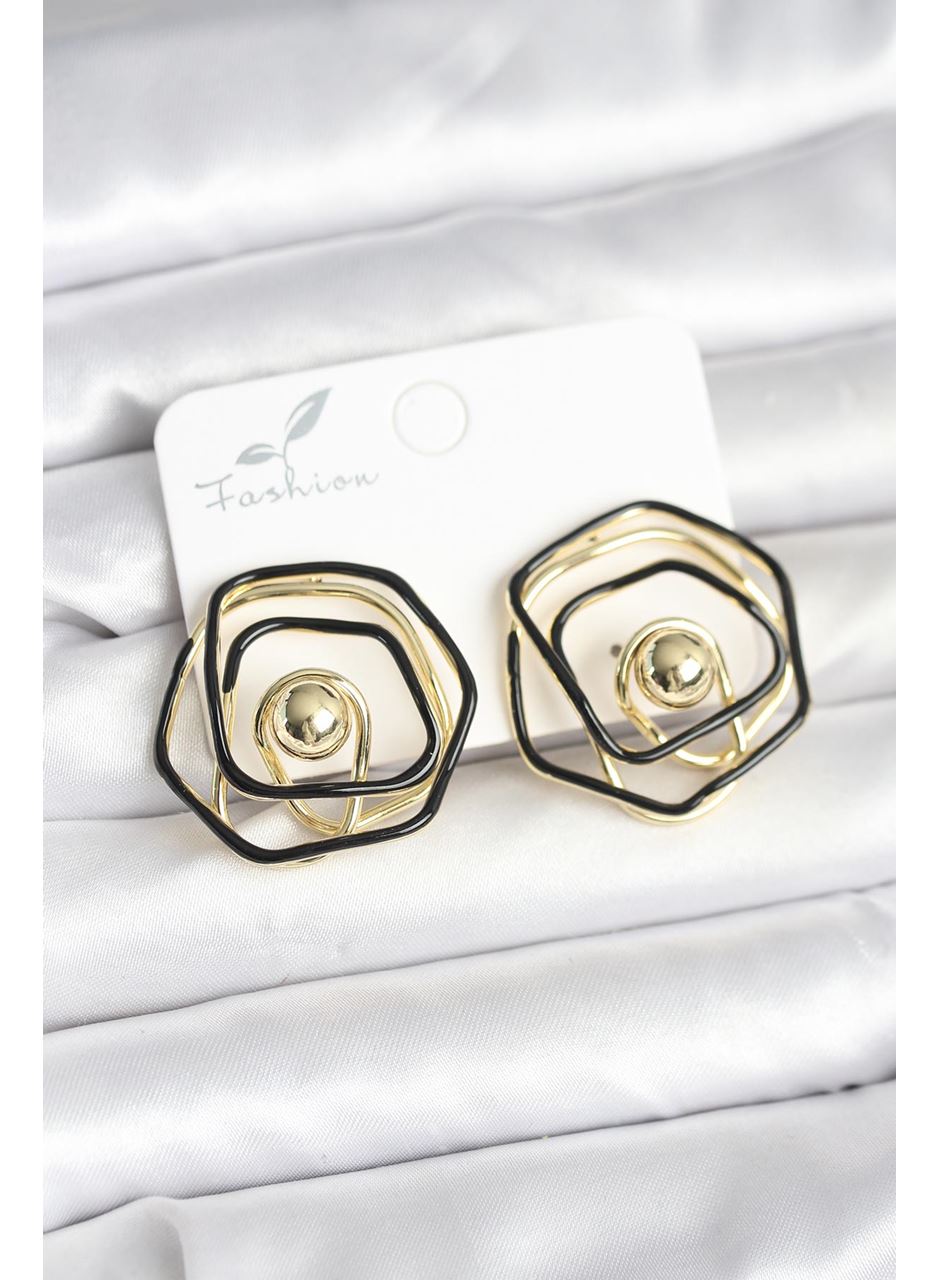 Pirinç Gold Renk Siyah Mineli Geometrik Gül Model Kadın Küpe