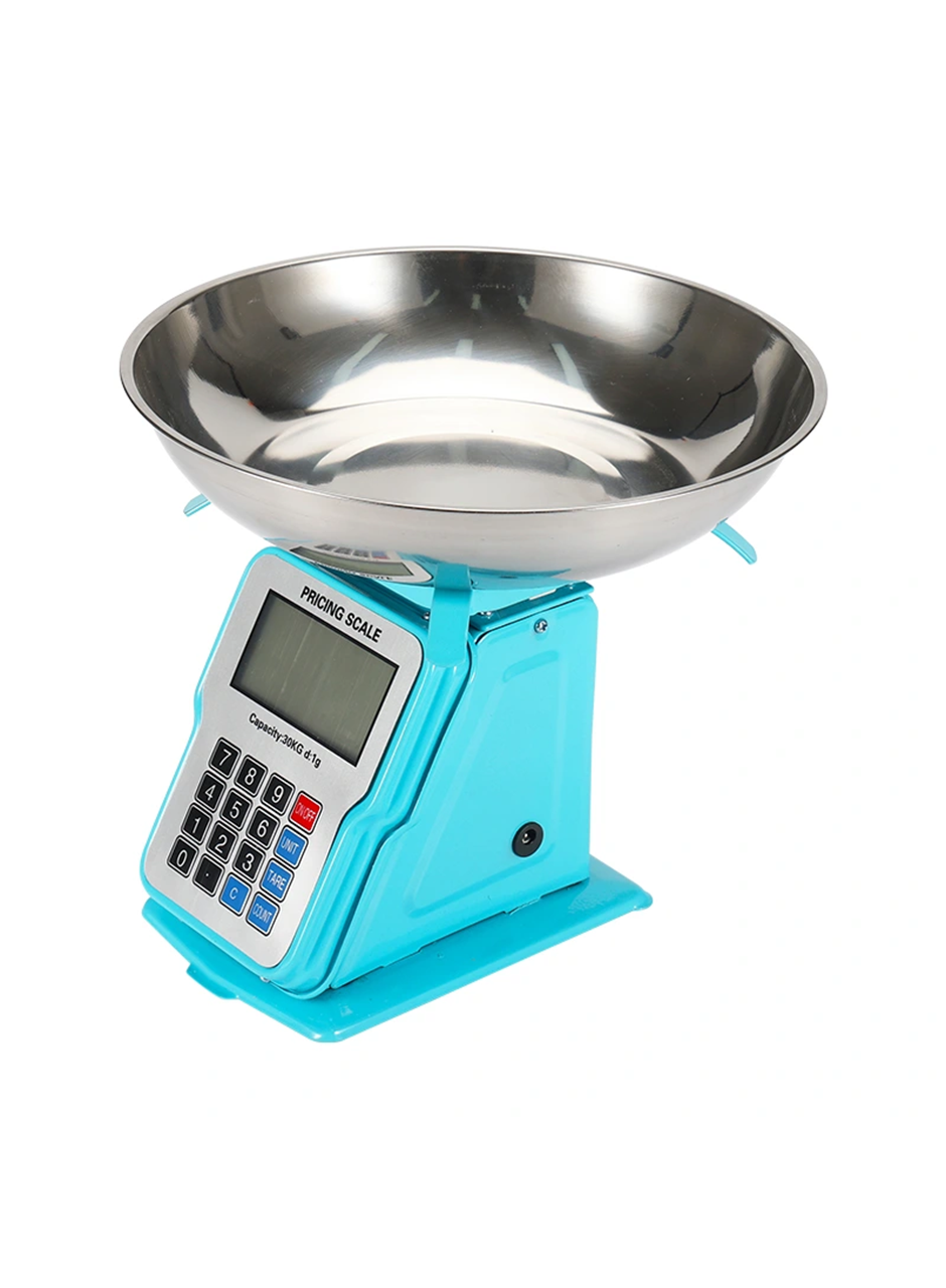 30kg 1g Dijital Kefeli Terazi Pilli ve Adaptörlü Elektronik Tartı, Paslanmaz Çelik Tepsili Tutar Hesaplama Mavi (