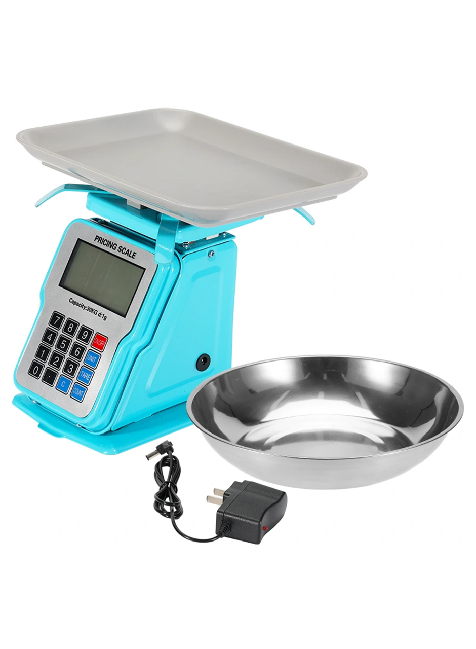 30kg 1g Dijital Kefeli Terazi Pilli ve Adaptörlü Elektronik Tartı, Paslanmaz Çelik Tepsili Tutar Hesaplama Mavi (
