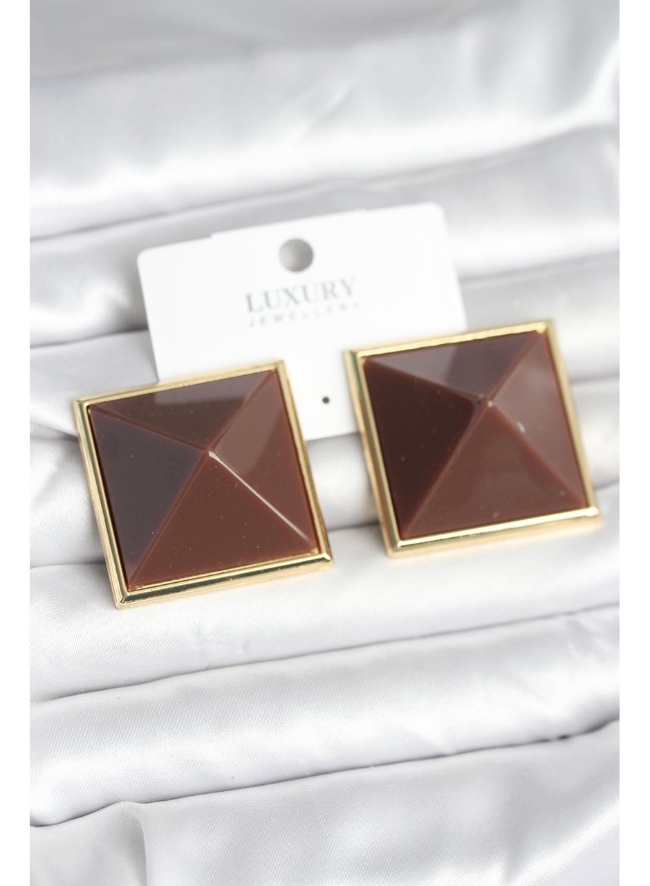 Pirinç Gold Renk Kahverengi Piramit Model Kadın Küpe