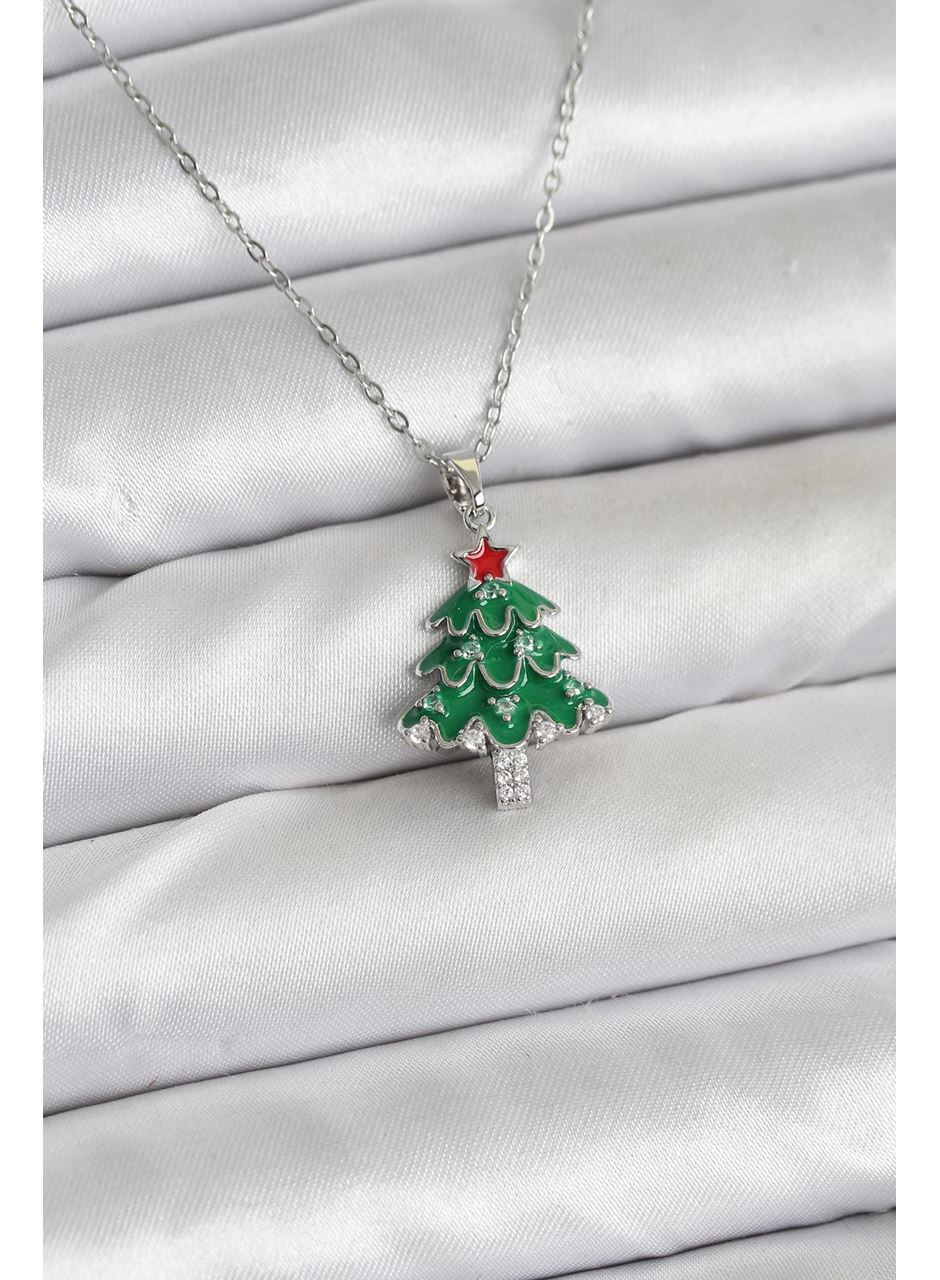 316L Çelik Zincir Gümüş Renk Çam Ağacı Model Yılbaşı Temalı Kadın Kolye