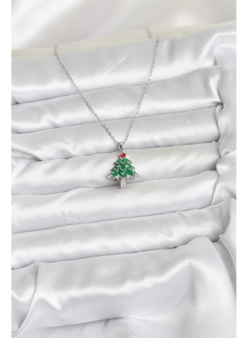 316L Çelik Zincir Gümüş Renk Çam Ağacı Model Yılbaşı Temalı Kadın Kolye