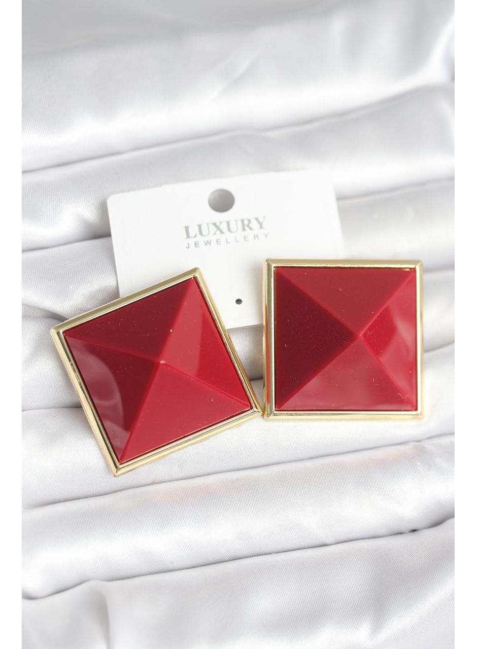 Pirinç Gold Renk Bordo Piramit Model Kadın Küpe