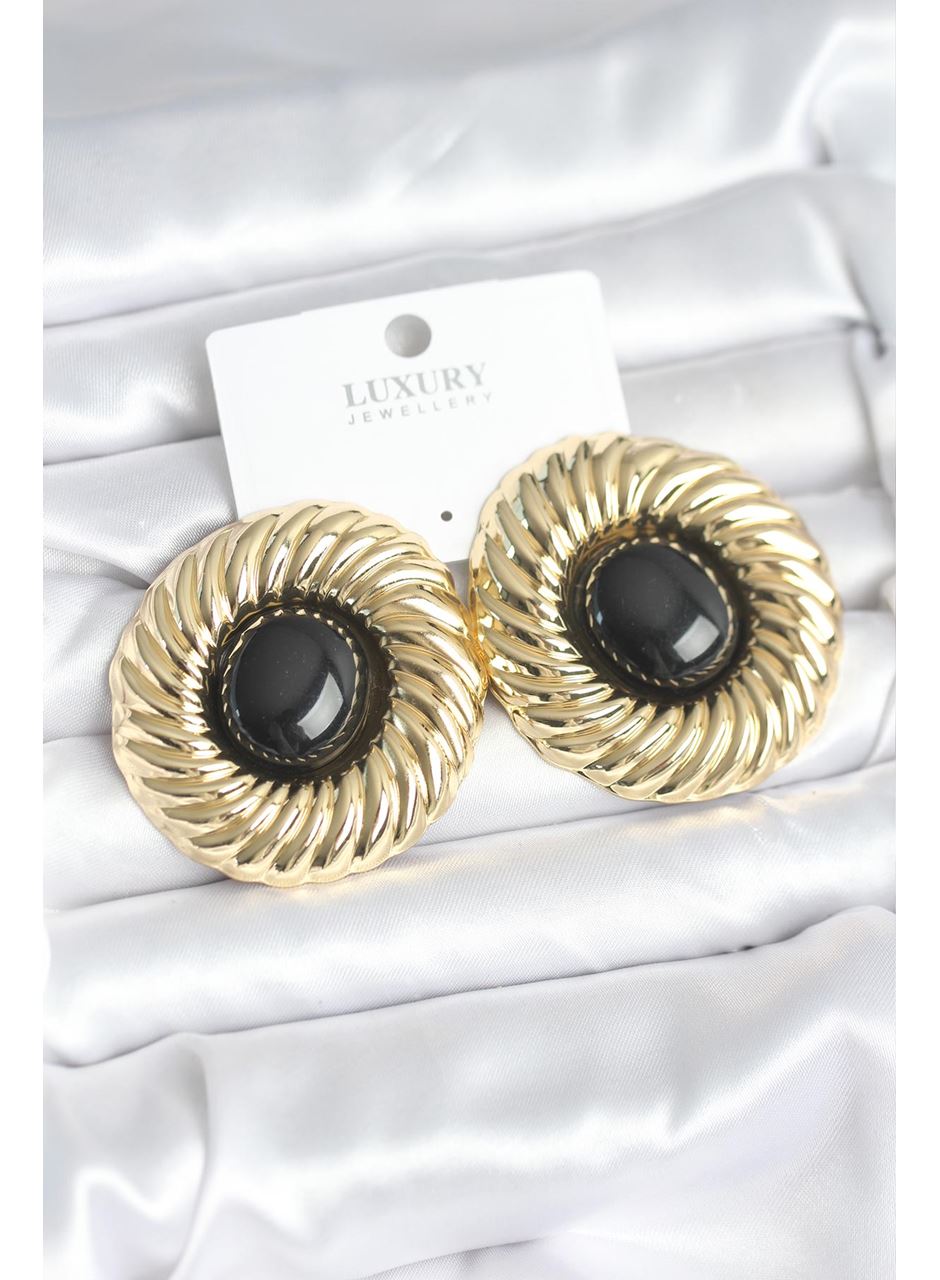 Pirinç Gold Renk Siyah Boncuklu Vintage Kadın Küpe