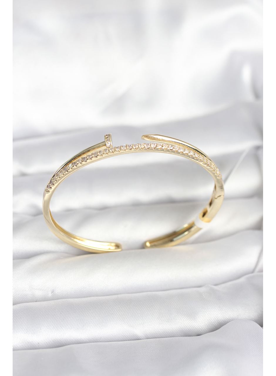 Pirinç Gold Renk Zirkon Taşlı Çivi Model Kadın Kelepçe Bileklik