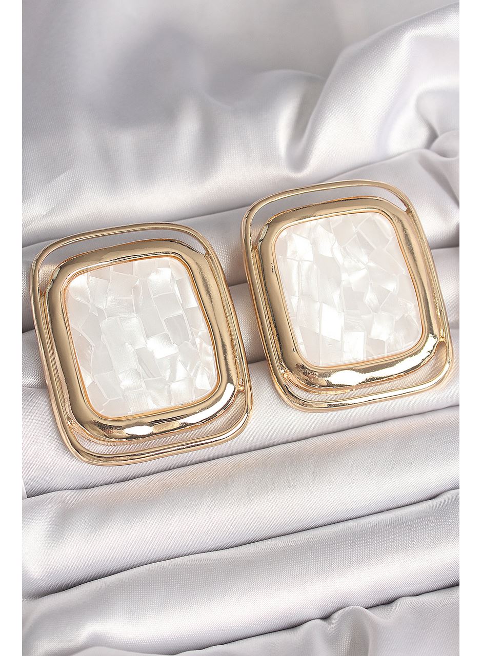 Pirinç Gold Renk Beyaz Mineli Kare Model Kadın Küpe