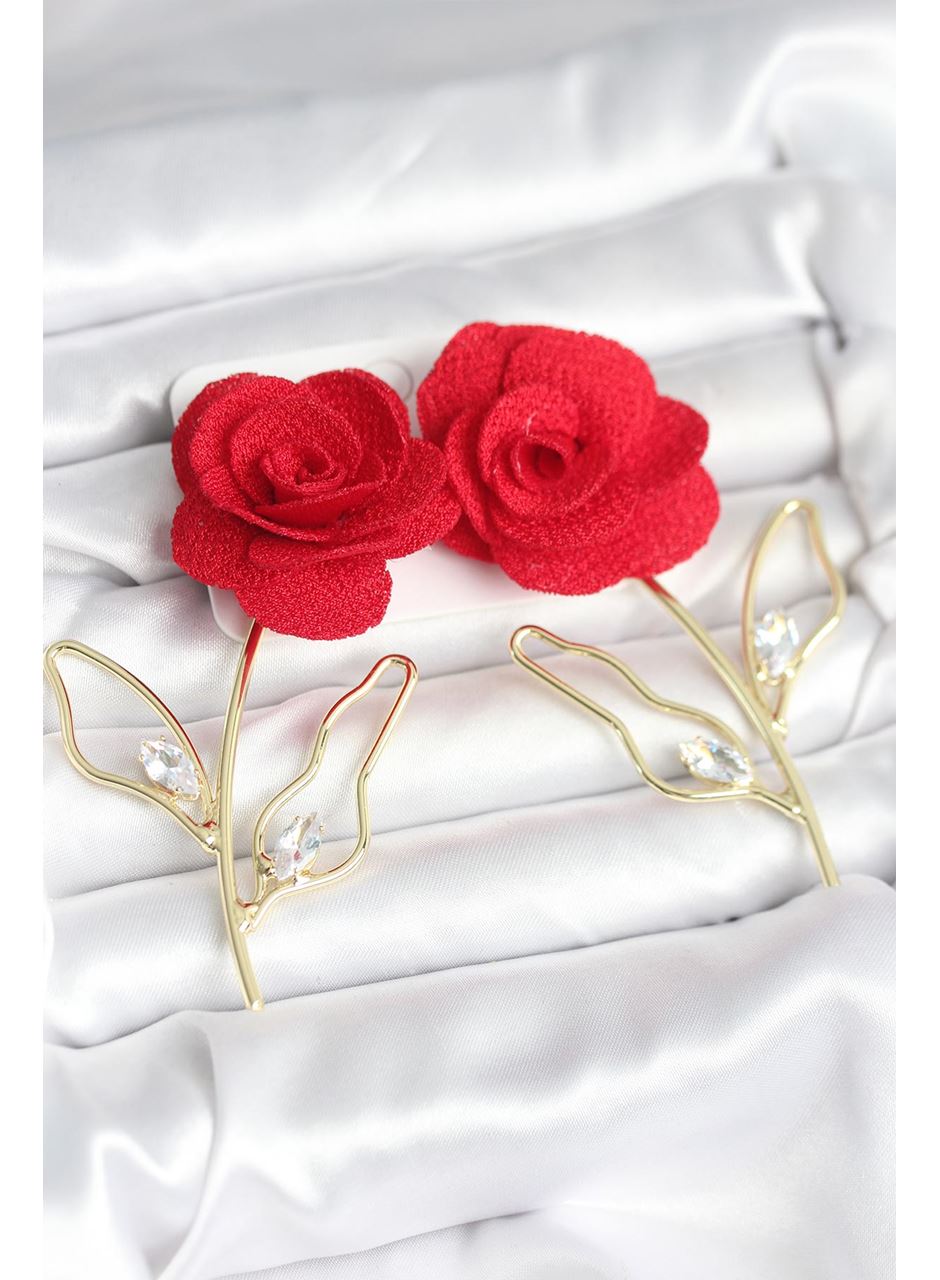 Pirinç Gold Renk Kırmızı Gül Model Kadın Küpe