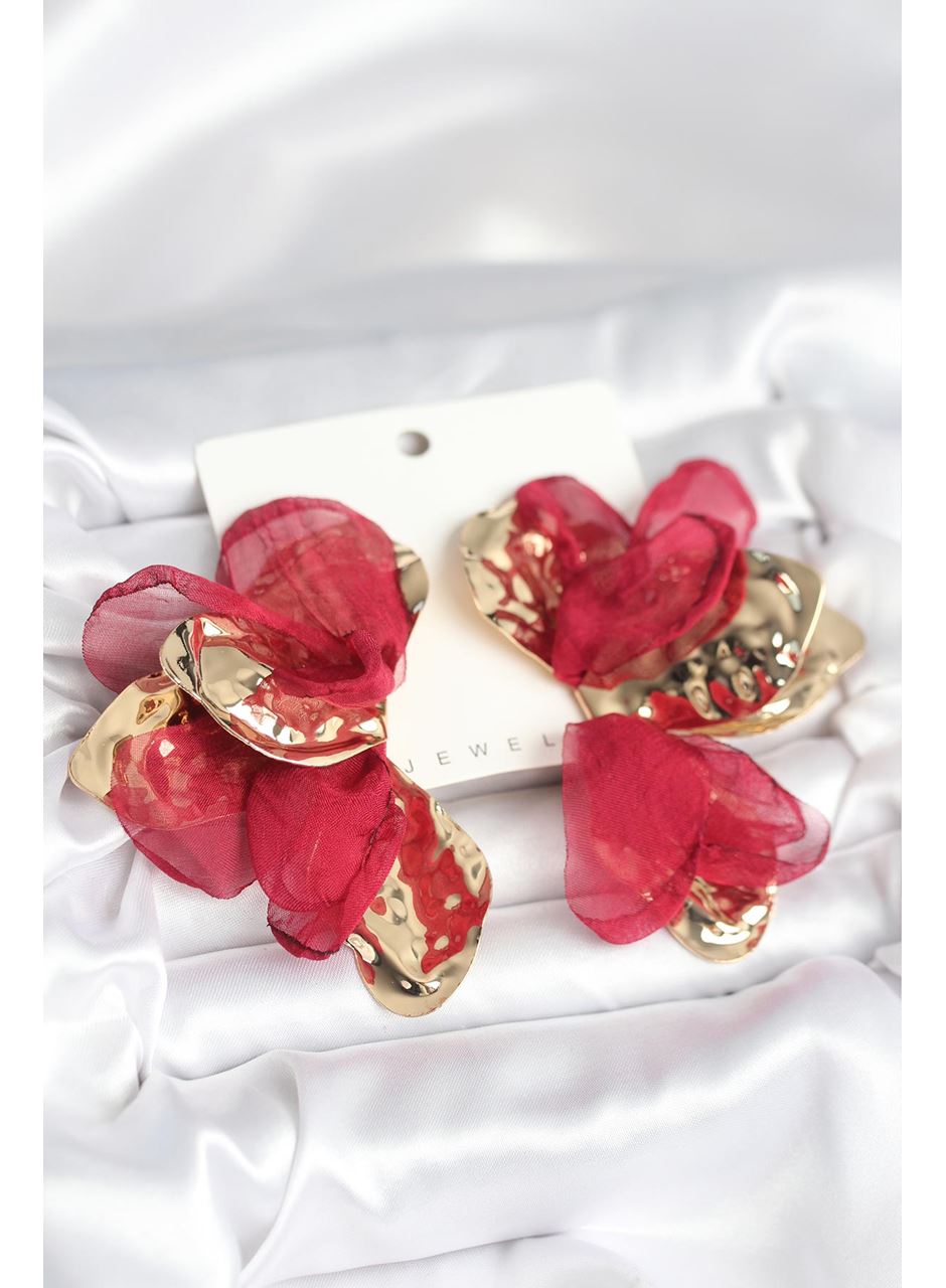 Pirinç Gold Renk Bordo Tüllü Lotus Kadın Küpe
