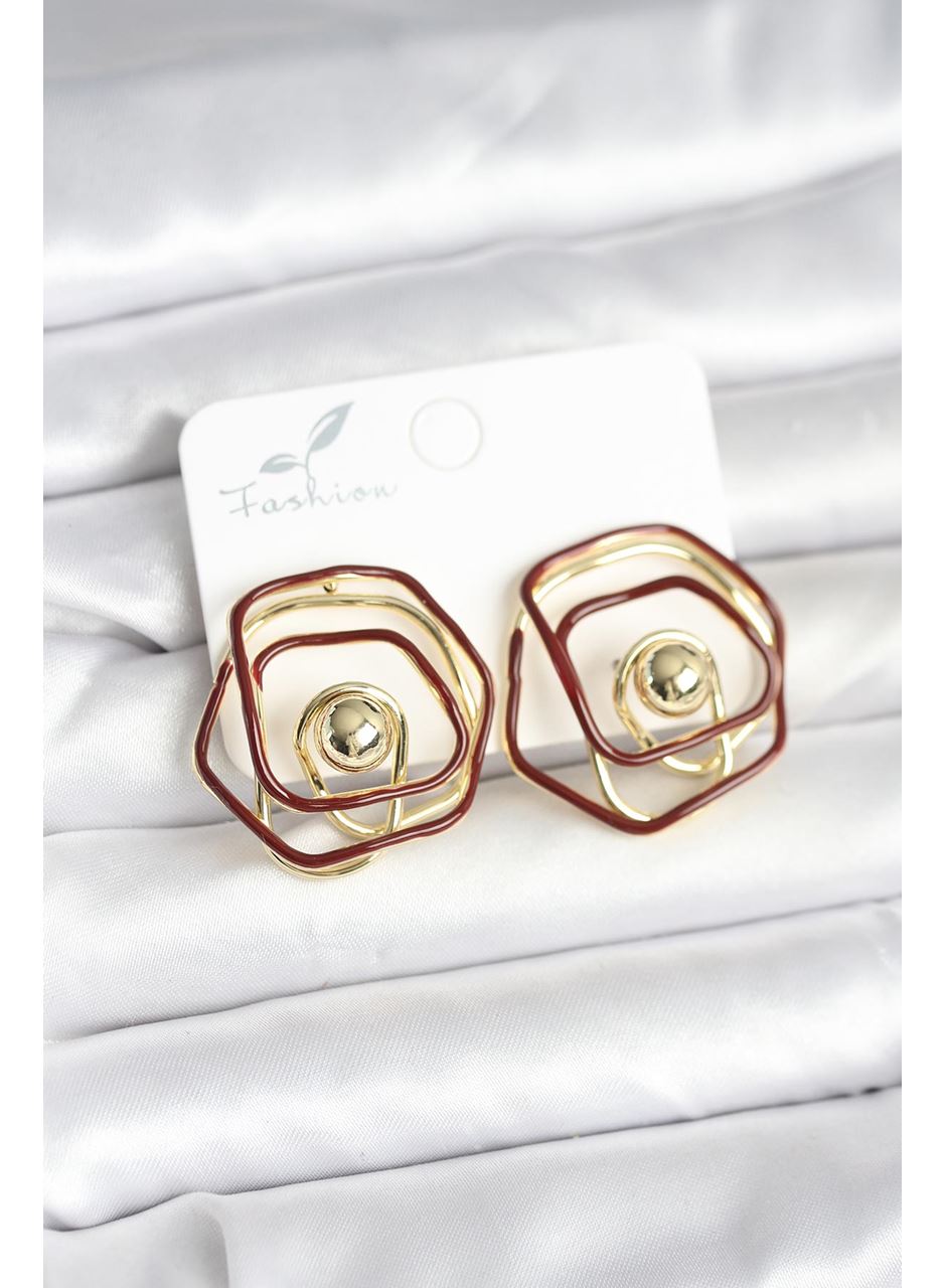 Pirinç Gold Renk Bordo Mineli Geometrik Gül Model Kadın Küpe
