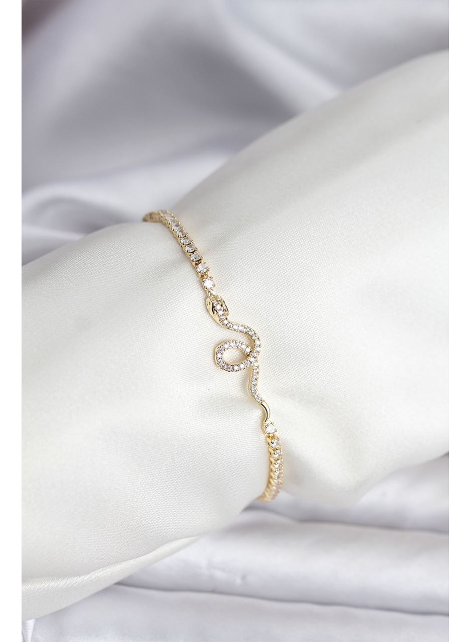 Yılan Model Zirkon Taşlı Gold Renk Pirinç Su Yolu Kadın Bileklik