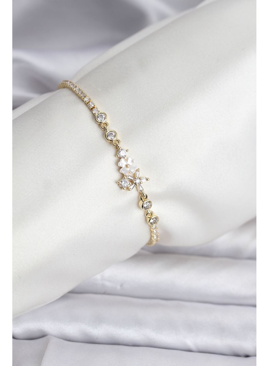Çiçekli Model Zirkon Taşlı Gold Renk Su Yolu Kadın Bileklik