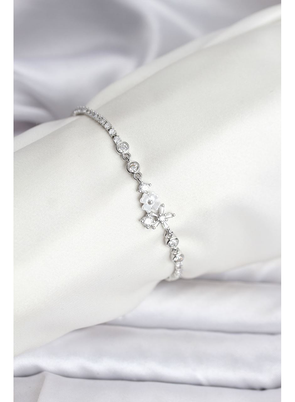 Çiçekli Model Zirkon Taşlı Gümüş Renk Su Yolu Kadın Bileklik