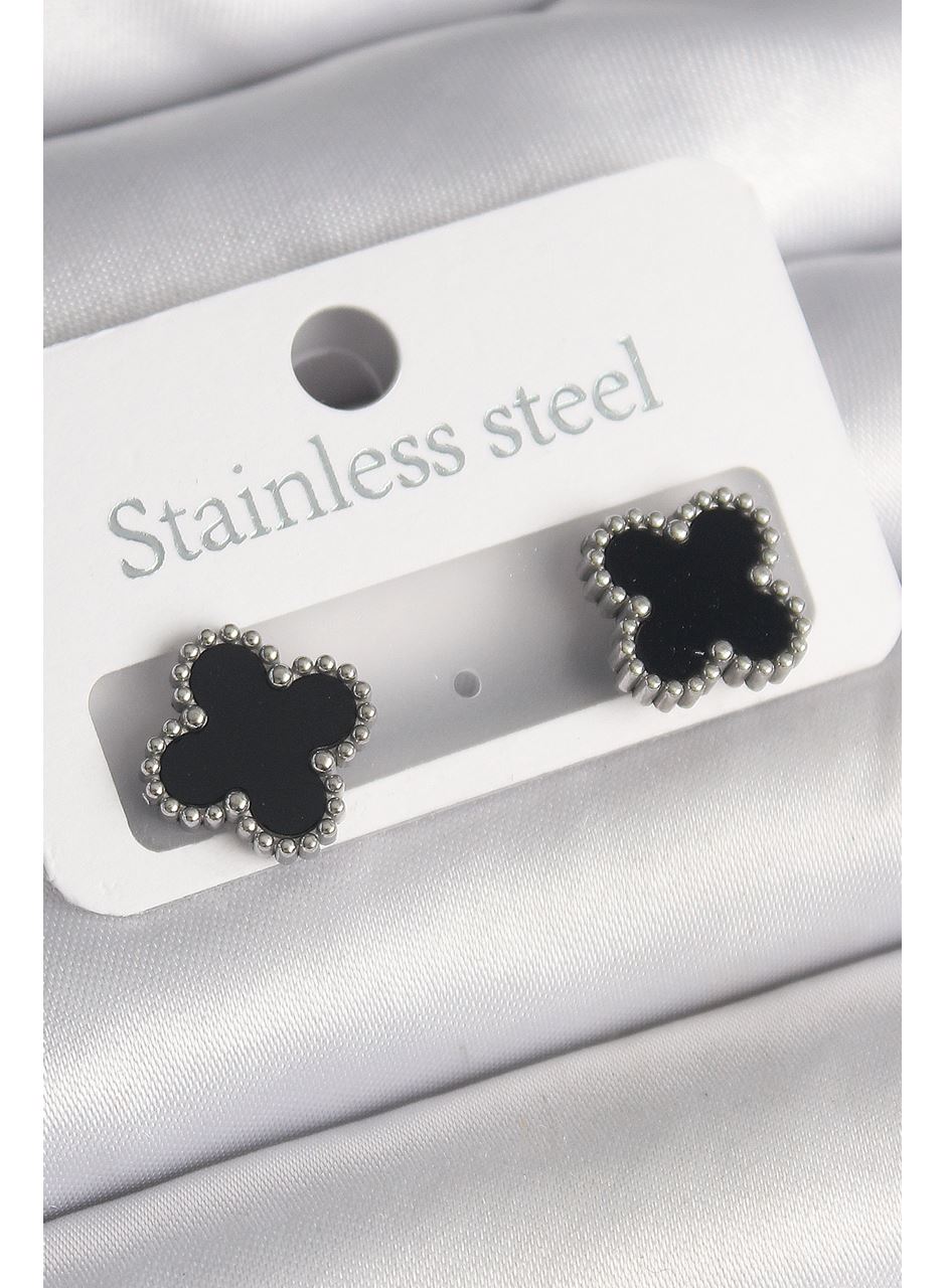 316L Çelik Gümüş Renk Siyah Yonca Model Kadın Küpe