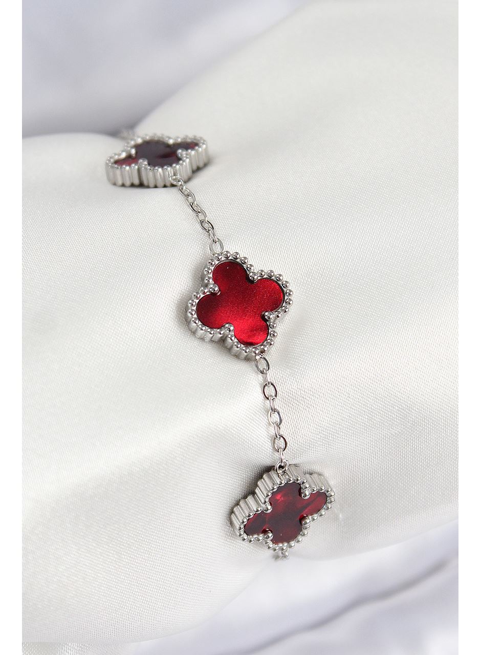 316L Çelik Sedefli Kırmızı Gümüş Renk Yonca Kadın Bileklik