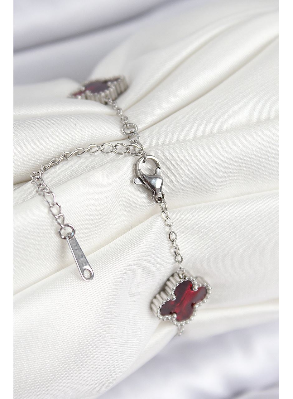 316L Çelik Sedefli Kırmızı Gümüş Renk Yonca Kadın Bileklik