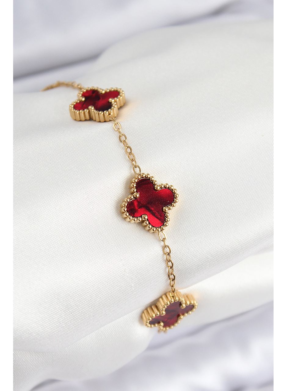 316L Çelik Sedefli Kırmızı Gold Renk Yonca Kadın Bileklik