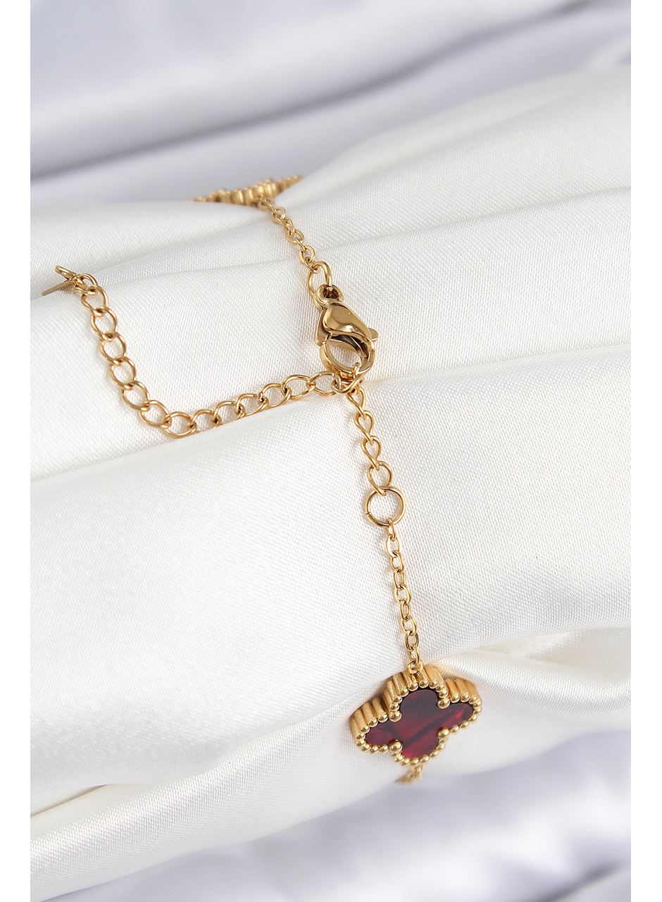 316L Çelik Sedefli Kırmızı Gold Renk Yonca Kadın Bileklik