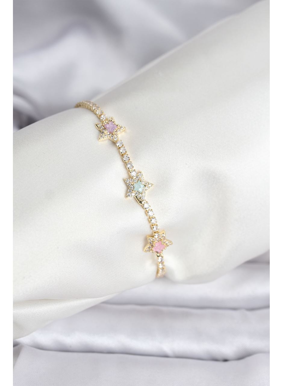 Renkli Yıldız Model Zirkon Taşlı Gold Renk Pirinç Su Yolu Kadın Bileklik