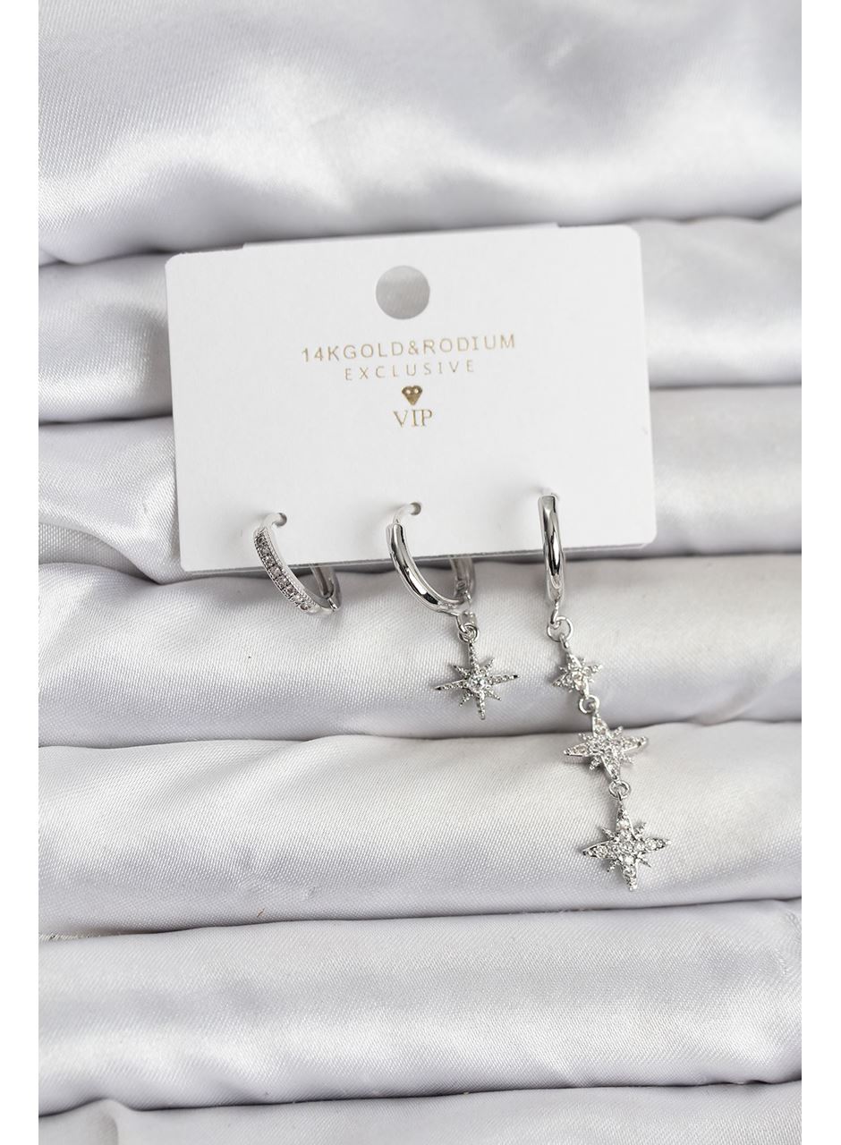 Kutup Yıldızı Model Gümüş Renk Pirinç 3'lü Kadın Küpe Seti